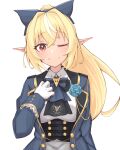  1girl ascot bangs blonde_hair blue_bow blue_flower blue_jacket blue_neckwear blue_rose blush bow commentary_request cosplay elf eyebrows_visible_through_hair flower gloves hair_between_eyes hair_bow hololive jacket long_hair long_sleeves looking_at_viewer one_eye_closed open_clothes open_jacket pointy_ears ponytail red_eyes rose shirakami_fubuki shirakami_fubuki_(cosplay) shiranui_flare shirt sidelocks simple_background smile solo uchukurage_san upper_body virtual_youtuber white_background white_gloves white_shirt 