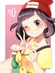  1girl bag beanie brown_hair clenched_teeth commentary_request eyelashes floral_print green_eyes green_shorts hat heart holding_strap looking_at_viewer one_eye_closed pokemon pokemon_(game) pokemon_sm red_headwear sasairebun selene_(pokemon) shirt short_shorts short_sleeves shorts shoulder_bag smile solo teeth tied_shirt w yellow_shirt 