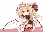  1girl :&gt; absurdres ascot blonde_hair blush bow commentary_request crystal dot_nose eyebrows_visible_through_hair flandre_scarlet frilled_shirt_collar frilled_sleeves frills hat hat_ribbon highres holding holding_sketchbook kure~pu midriff_peek mob_cap one_side_up puffy_short_sleeves puffy_sleeves red_background red_eyes red_ribbon red_vest ribbon short_hair short_sleeves side_ponytail sketchbook smile solo touhou two-tone_background upper_body vest white_background white_bow wings 