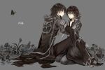  2boys archbishop_(ragnarok_online) bangs black_butterfly black_cape black_flower black_footwear black_gloves black_hair black_pants black_shirt blue_eyes bug butterfly cape cassock chain choker commentary cross dark_persona dated eyes_visible_through_hair flower gauntlets gloves grass grey_background hair_between_eyes hand_on_own_leg hands_on_another&#039;s_face insect limited_palette long_sleeves looking_at_viewer looking_back misuguu multiple_boys open_mouth pants ragnarok_online red_eyes seiza shirt short_hair simple_background sitting spot_color warlock_(ragnarok_online) 