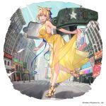  +_+ 1girl ash_arms bangs blonde_hair blue_eyes blue_ribbon blush breasts city crosswalk dress dress_lift hair_ribbon high_heels highres large_breasts lifted_by_self looking_at_viewer m26_pershing_(ash_arms) noy open_mouth ribbon road short_hair solo street yellow_dress 