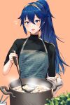  1girl alternate_hairstyle ameno_(a_meno0) apron black_sweater blue_eyes blue_hair blush cooking eyebrows_visible_through_hair fire_emblem fire_emblem_awakening hair_between_eyes hair_ornament highres holding long_hair long_ponytail looking_at_viewer lucina lucina_(fire_emblem) open_mouth ponytail ribbed_sweater simple_background smile solo sweater symbol-shaped_pupils tiara turtleneck turtleneck_sweater 
