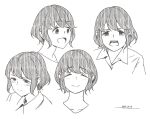  1girl closed_mouth dated expressions frown greyscale horikou looking_at_viewer monochrome multiple_views open_mouth shima_saki short_hair signature simple_background smile white_background yurucamp 