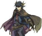  1boy belt blue_eyes elbow_gloves fudou_yuusei gloves gun hair_between_eyes holster holstered_weapon jacket looking_at_viewer machch male_focus multicolored_hair open_hand poncho smile spiky_hair two-tone_hair weapon white_background yu-gi-oh! yu-gi-oh!_5d&#039;s 