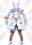  1girl absurdres animal_ears blue_hair bow braid brown_legwear bunny-shaped_pupils carrot_hair_ornament closed_eyes eyebrows_visible_through_hair food_themed_hair_ornament hair_bow hair_ornament hands_in_pockets highres hololive long_hair looking_at_viewer multicolored_hair pantyhose rabbit rabbit_ears red_eyes shoes smile solo standing symbol-shaped_pupils thick_eyebrows tomotomo_(awai) twin_braids two-tone_hair usada_pekora virtual_youtuber white_bow white_footwear white_hair 