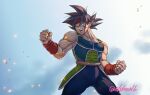  1boy armor artist_name bardock black_hair clenched_hands commentary_request dragon_ball fingernails headband looking_to_the_side male_focus muscle naomi_(nplusn) open_mouth red_headband solo spiky_hair tail teeth tongue watermark 