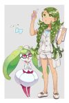  1girl bangs border braid commentary_request eyelashes gen_7_pokemon green_eyes green_hair holding looking_up mallow_(pokemon) open_mouth outside_border pokemon pokemon_(anime) pokemon_(creature) pokemon_sm_(anime) sasairebun shiny shiny_hair shoes shorts standing steenee swept_bangs test_tube twin_braids twintails white_border white_footwear white_shorts 