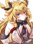  1girl arknights bangs bare_shoulders black_gloves blonde_hair commentary_request fingerless_gloves gloves hair_between_eyes hands_up highres horns leizi_(arknights) long_hair long_sleeves looking_at_viewer simple_background solo spica_1510 upper_body violet_eyes white_background 