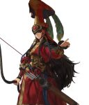  1girl absurdres armor arrow_(projectile) black_eyes black_hair bow_(weapon) closed_mouth corset dress hat hat_feather highres holding holding_bow_(weapon) holding_weapon jaeyeong long_hair long_sleeves looking_at_viewer original peacock_feathers quiver red_dress shoulder_armor simple_background solo standing weapon white_background 