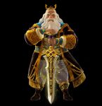  1boy beard boots claymore_(sword) crown facial_hair glowing glowing_sword glowing_weapon highres hyrule_warriors:_age_of_calamity long_coat official_art pointy_ears rhoam_bosphoramus_hyrule royal the_legend_of_zelda the_legend_of_zelda:_breath_of_the_wild weapon white_hair 