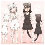 2girls :d absurdres animal_ear_fluff animal_ears bare_arms bare_shoulders barefoot bell bell_collar black_dress black_hair blush brown_collar brown_eyes cat_ears cat_girl cat_tail collar collarbone commentary_request dress facing_away frilled_dress frills hands_on_hips hands_together hands_up head_tilt highres jingle_bell long_hair looking_at_viewer multiple_girls multiple_views open_mouth original own_hands_together parted_lips red_collar shadow short_hair sleeveless sleeveless_dress smile standing tail violet_eyes white_dress white_hair yukie_(kusaka_shi) 