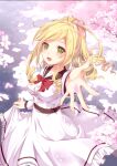  1girl :d angelia angelia_carlos blonde_hair bow cannian_dada day dress green_eyes hand_up highres long_hair looking_at_viewer open_mouth outdoors outstretched_hand red_bow sdorica sidelocks skirt_hold smile solo standing white_dress 