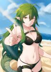 1girl absurdres arknights bare_arms bare_shoulders beach breasts clouds commentary crocodilian_tail gavial_(arknights) highres looking_at_viewer midriff outdoors smile solo swimsuit tail tsuukasaa v