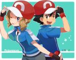  1boy 1girl amourshipping ash_ketchum ash_ketchum_(cosplay) baseball_cap black_hair black_shirt blue_jacket brown_eyes closed_mouth commentary_request copyright_name cosplay fingerless_gloves gloves hand_on_headwear hat holding holding_poke_ball jacket looking_at_viewer one_eye_closed outline pants poke_ball poke_ball_(basic) pokemon pokemon_(anime) pokemon_xy_(anime) sasairebun serena_(pokemon) shirt short_sleeves smile star_(symbol) tongue tongue_out 