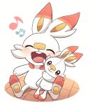  blush character_doll closed_eyes commentary_request doll fang gen_8_pokemon happy highres holding holding_doll musical_note no_humans open_mouth paws pokemon pokemon_(creature) sakuperi_8 scorbunny sitting solo tongue white_background 