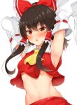  1girl armpits arms_up ascot bangs bare_shoulders black_hair blush bow breasts brown_eyes commentary_request crop_top eyebrows_visible_through_hair frilled_bow frilled_shirt_collar frills hair_between_eyes hair_bow hair_tubes hakurei_reimu highres long_hair looking_at_viewer midriff navel parted_lips red_bow red_shirt red_skirt shirt sideboob sidelocks simple_background skirt skirt_set small_breasts solo stomach sweat tokoya_(ex-hetare) touhou upper_body white_background yellow_neckwear 