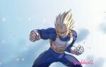  1boy aqua_eyes armor artist_name blonde_hair clenched_hands closed_mouth commentary_request dragon_ball gloves hunched_over legs_apart male_focus muscle naomi_(nplusn) solo spiky_hair super_saiyan vegeta watermark white_gloves 