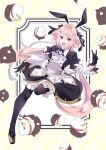  1boy :d astolfo_(saber)_(fate) bangs bird black_bow black_dress black_gloves black_legwear black_ribbon bow bowtie chicken dress fang fate/grand_order fate_(series) gloves hair_bow hair_intakes hair_ribbon hinoya leg_up long_hair long_sleeves looking_at_viewer maid_dress multicolored_hair open_mouth otoko_no_ko outline pink_hair ribbon smile solo standing standing_on_one_leg streaked_hair striped striped_background thigh-highs twintails v violet_eyes white_hair yellow_background 
