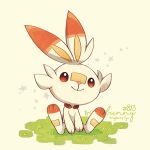  brown_eyes character_name closed_mouth commentary_request full_body gen_8_pokemon grass kotori_(lycka) looking_up no_humans paws pokedex_number pokemon pokemon_(creature) scorbunny sitting smile solo star_(symbol) 