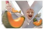  2boys commentary food fruit grin konjiki_no_gash!! melon mohawk mohawk_ace multiple_boys no_pupils open_mouth otton redhead shoulder_spikes smile spikes twitter_username victoreem_(konjiki_no_gash!!) yellow_sclera 