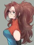  1girl alternate_hairstyle android_21 black-framed_eyewear blue_eyes breasts checkered checkered_dress closed_mouth dragon_ball dragon_ball_fighterz dress earrings glasses hoop_earrings jewelry kemachiku looking_at_viewer medium_breasts ponytail redhead smile solo upper_body 