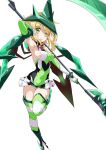  1girl absurdres akatsuki_kirika arm_up armpits blonde_hair blush breasts covered_navel elbow_gloves gloves green_eyes green_leotard headgear highres leer.meer leotard looking_at_viewer medium_breasts parted_lips scythe senki_zesshou_symphogear shiny shiny_hair shiny_skin short_hair skin_tight skirt smile solo standing striped teeth thigh-highs 