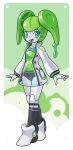  1girl :d android arms_at_sides breasts dress english_commentary full_body green_background green_eyes green_hair green_theme highres humanoid_robot joints kneehighs looking_at_viewer lordyanyu open_mouth original robot_joints see-through small_breasts smile transparent twintails upper_teeth 