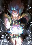  1boy absurdres bangs black_sash black_wristband blue_eyes commentary_request dragon_ball dragon_ball_super fingernails gogeta greymon_(nodoame1215) highres male_focus muscle open_mouth sash solo spiky_hair stardust_breaker super_saiyan super_saiyan_blue teeth tongue vest wristband 