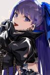  1girl :d bangs blue_eyes blue_ribbon chain ear_piercing earrings eyebrows_visible_through_hair fate/extra fate_(series) hair_ribbon highres jewelry long_hair looking_at_viewer meltryllis open_mouth piercing puffy_sleeves purple_hair ribbon smile solo spikes teeth tongue tongue_out tongue_piercing toro3 