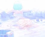  1girl alcohol aqua_hair arm_support ass blurry blurry_foreground boulder breasts bucket commentary_request depth_of_field facing_away from_behind highres koi_han large_breasts onsen original outdoors partially_submerged ripples sake see-through short_hair shoulder_blades sideboob solo sparkle tokkuri wash_cloth water wooden_bucket 