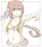  1girl akara_kai bikini breasts brown_eyes brown_hair cowboy_shot frilled_bikini frills fumizuki_(kancolle) holding holding_water_gun kantai_collection long_hair looking_at_viewer one-hour_drawing_challenge pointing ponytail simple_background small_breasts solo swimsuit water_gun white_background yellow_bikini 