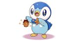  +_+ 1girl blue_eyes christmas_ornaments commentary_request holding official_art open_mouth outstretched_arms piplup pokemon project_pochama solo sparkle standing toes tongue white_background 