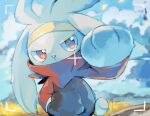  clouds commentary_request day gen_8_pokemon hand_in_pocket hand_up highres no_humans outdoors paws pokemon pokemon_(creature) raboot red_eyes sky solo takase_(takase1214) upper_body viewfinder white_fur 