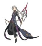  1boy black_footwear black_pants blue_coat closed_mouth coat full_body grey_hair highres holding holding_weapon jaeyeong long_hair looking_at_viewer male_focus original pants polearm ponytail red_eyes shoes shrug_(clothing) simple_background solo trident weapon white_background 