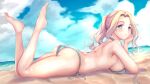  1girl ass back bare_arms bare_legs bare_shoulders barefoot beach becca_woolet bikini bikini_top_removed blonde_hair blue_eyes blue_sky breasts clouds day feet_up full_body funky45 head_on_hand highres lying medium_breasts ocean on_stomach outdoors ponytail resident_evil resident_evil:_resistance sand side-tie_bikini sidelocks sky solo swimsuit thighs 