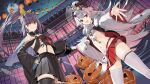 2girls :d ahoge artist_request azur_lane bare_shoulders black_hair black_headwear black_legwear black_shirt black_skirt breasts brown_eyes crop_top crop_top_overhang dutch_angle ghost hair_ribbon halloween hat hat_removed headwear_removed hibiki_(azur_lane) high-waist_skirt high_ponytail horns isuzu_(azur_lane) long_hair long_sleeves looking_at_viewer midriff miniskirt multiple_girls navel off_shoulder official_art open_clothes open_mouth outstretched_arms peaked_cap pleated_skirt ponytail pumpkin red_eyes red_skirt retrofit_(azur_lane) revealing_clothes ribbon sarashi shirt silver_hair skirt small_breasts smile standing stomach suspenders thigh-highs v-shaped_eyebrows very_long_hair white_legwear wide_sleeves zettai_ryouiki 