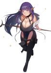  1girl bare_shoulders black_choker breasts chaps character_request choker collarbone commentary_request crescent elf fantasy full_body hair_ornament highres hime_cut holding holding_staff kasseus_maximus large_breasts long_hair off_shoulder original pelvic_curtain pointy_ears purple_hair solo sparkle staff thigh_pouch violet_eyes white_background x_hair_ornament zipper_pull_tab 