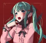  1girl fangs hair_ornament hatsune_miku heart highres jewelry long_hair long_sleeves looking_at_viewer mask mask_pull mouth_mask open_mouth ribbon shirt simple_background skirt smile solo tolydraw twintails vampire_(vocaloid) 