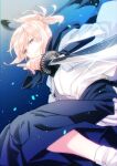  1girl arm_guards black_ribbon blonde_hair blue_background blue_sky dutch_angle fate/grand_order fate_(series) from_below hakama haori hinoya japanese_clothes katana okita_souji_(fate)_(all) ribbon scarf sky solo sword weapon yellow_eyes 