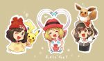  3girls bangs baseball_cap brown_hair closed_eyes commentary_request copyright_name eevee elaine_(pokemon) eyebrows_visible_through_hair eyelashes fangs floral_print gen_1_pokemon gen_6_pokemon grey_eyes hat heart holding holding_pokemon multiple_girls on_head one_eye_closed open_mouth outline pikachu pokemon pokemon_(anime) pokemon_(creature) pokemon_(game) pokemon_lgpe pokemon_on_arm pokemon_on_head pokemon_sm pokemon_xy_(anime) red_headwear sasairebun selene_(pokemon) serena_(pokemon) shirt short_sleeves sylveon t-shirt teeth tongue 