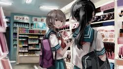  23el_(chocomo_towa) 2girls backpack bag black_hair braid braided_ponytail brown_eyes brown_hair highres indoors makeup multiple_girls open_mouth original ponytail school_bag school_uniform serafuku shop shopping shoulder_bag sidelocks 