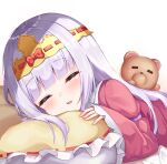  1girl :d aurora_sya_lis_kaymin bed_sheet blush blush_stickers bow brown_background closed_eyes commentary_request dress frilled_pillow frills gradient gradient_background headpiece juliet_sleeves long_hair long_sleeves mannack maou-jou_de_oyasumi open_mouth pillow pink_dress puffy_sleeves red_bow ribbon_trim silver_hair sleeping sleeves_past_wrists smile stuffed_animal stuffed_toy teddy_bear teddy_demon upper_body very_long_hair white_background wide_sleeves 