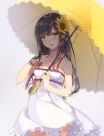  1girl bare_shoulders breasts collarbone dandelion dress flower hair_between_eyes hair_flower hair_ornament hand_on_own_chest highres holding holding_umbrella long_hair original parasol red_ribbon ribbon sunflower umbrella vierzeck white_dress yellow_eyes 