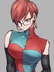  1girl alternate_hair_length alternate_hairstyle android_21 black-framed_eyewear breasts checkered checkered_dress dragon_ball dragon_ball_fighterz dress earrings glasses grey_background hoop_earrings jewelry kemachiku large_breasts looking_at_viewer redhead short_hair simple_background solo 