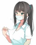  1girl bangs black_hair blush breasts collared_shirt dress_shirt eyebrows_visible_through_hair facial_mask flying_sweatdrops green_eyes haseneko highres idolmaster idolmaster_cinderella_girls long_hair looking_at_viewer medium_breasts ponytail shibuya_rin shirt shirt_tug short_sleeves sidelocks simple_background solo sweat upper_body white_background white_shirt 