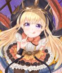  1girl :3 :p blonde_hair blue_eyes bow cagliostro_(granblue_fantasy) capelet cloak dress frilled_dress frilled_skirt frills granblue_fantasy headband highres jewelry long_hair looking_at_viewer orange_bow orange_neckwear pumpkin red_bow skirt tongue tongue_out yumaviviane 