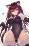  1girl :3 animal_ears bell bell_choker black_gloves black_legwear black_leotard breasts brown_hair cat_ears cat_girl cat_tail choker commentary_request covered_navel elbow_gloves fate/grand_order fate_(series) fur_trim gloves hair_between_eyes hair_intakes hanasaki_mahiru highres large_breasts leotard long_hair looking_at_viewer pink_eyes red_choker scathach_(fate)_(all) scathach_(fate/grand_order) sideboob smile solo tail thigh-highs twitter_username very_long_hair 