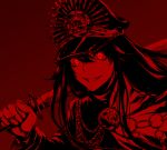  1girl fate/grand_order fate_(series) gloves grin hair_between_eyes hat highres katana long_hair looking_at_viewer monochrome mugetsu2501 oda_nobunaga_(fate) oda_nobunaga_(fate)_(all) over_shoulder peaked_cap red_background red_eyes red_theme simple_background smile solo sword sword_over_shoulder upper_body weapon weapon_over_shoulder wide-eyed 