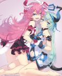  2girls bangs bare_legs benghuai_xueyuan blue_eyes blue_hair blue_ribbon dress fang frilled_dress frills hair_between_eyes hair_ribbon highres holding_hands honkai_(series) honkai_impact_3rd long_hair multiple_girls navel pink_hair pink_ribbon ribbon seiza siblings sitting twins vierzeck 