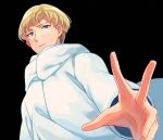  1boy asuka_ryou bangs black_background blonde_hair blue_eyes coat commentary_request devilman devilman_crybaby from_below long_sleeves looking_at_viewer male_focus parted_lips sayshownen short_hair simple_background solo twitter_username upper_body watermark white_coat 